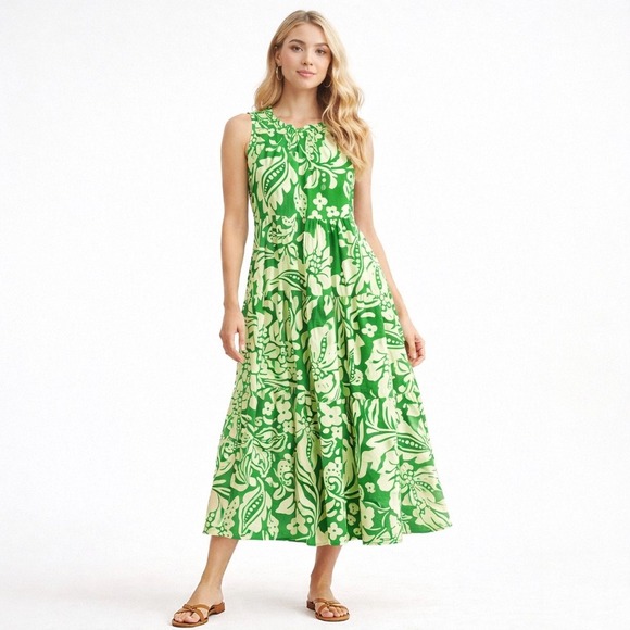 Umgee USA Dresses & Skirts - Umgee USA Green Floral Print Mock Neck Ruffle Tiered Midi Dress‎ Women Size S